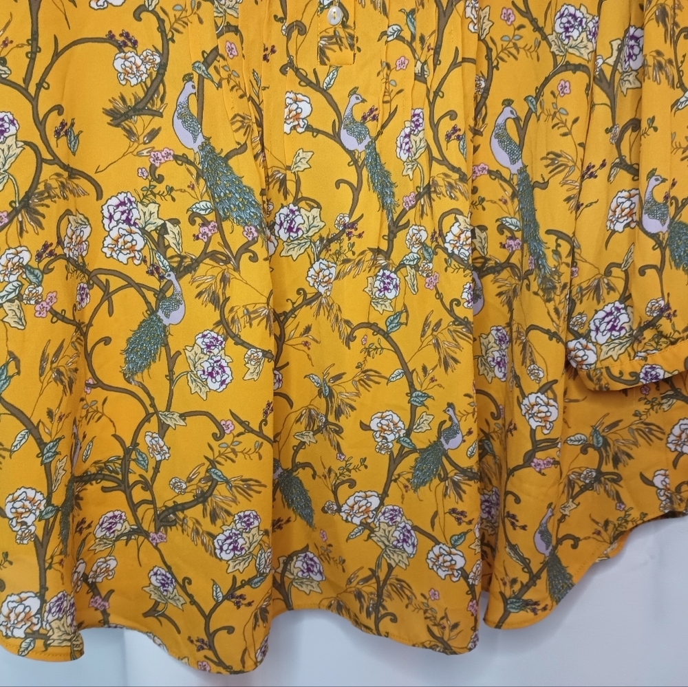 Rose Olive 1X Peacock Floral Peasant Blouse Top Mustard Yellow Button Flowy Boho - Picture 4 of 13